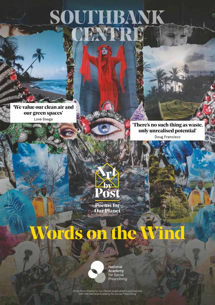 Front cover of the Art by Post booklet titled 'Words on the Wind' featuring a collage image composed of eyes and outdoor scenes and landscapes