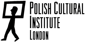 Black logo with a figure walking with a square around its head