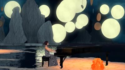 A woman in a black-and-white striped dress plays a grand piano set outdoors on a platform surrounded by glowing circular moons and stylized, rocky formations.