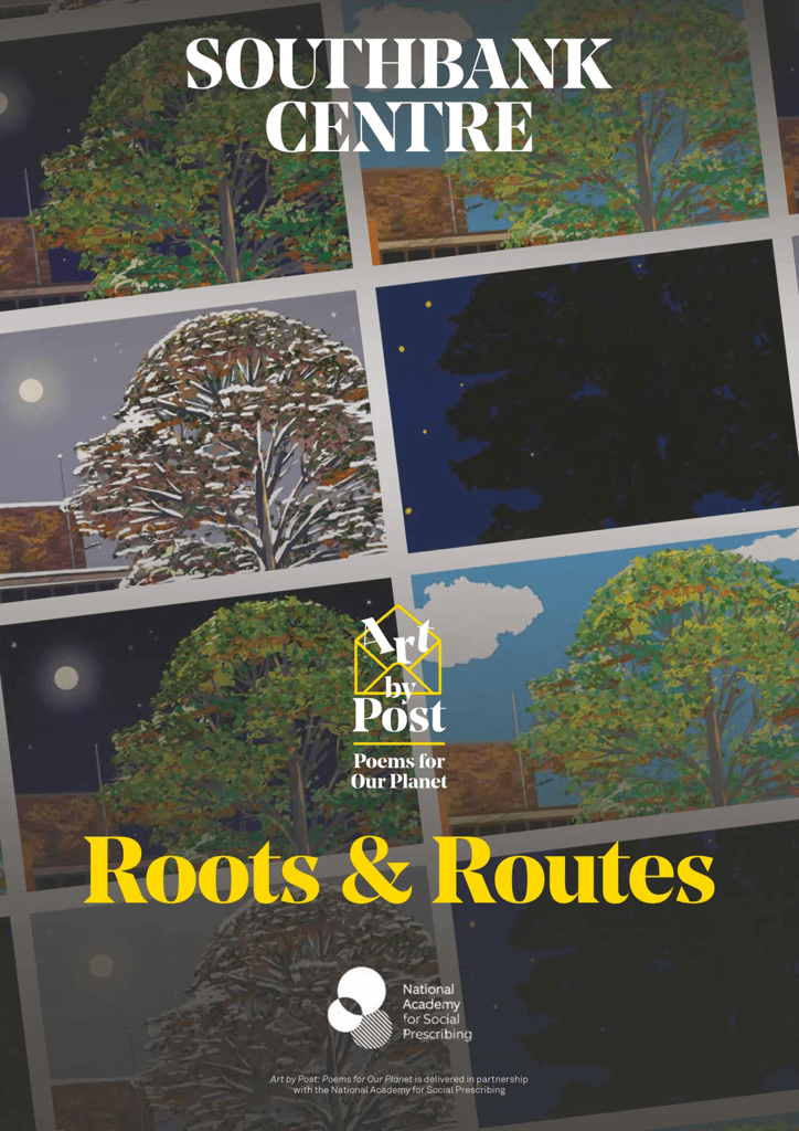 Front cover of the Art by Post booklet titled 'Roots & Routes' featuring an illustration of an urban tree depicted through different seasons