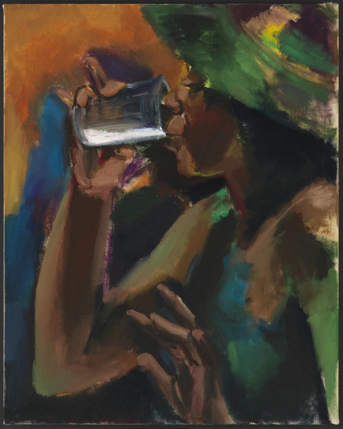 Painting of a woman drinking from a glass, she is wearing a hat and is dancing