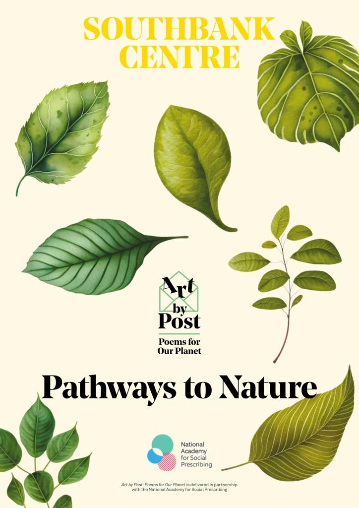 Front cover of the Art by Post booklet titled 'Pathways to Nature' featuring illustrations of seven different types of green leaves