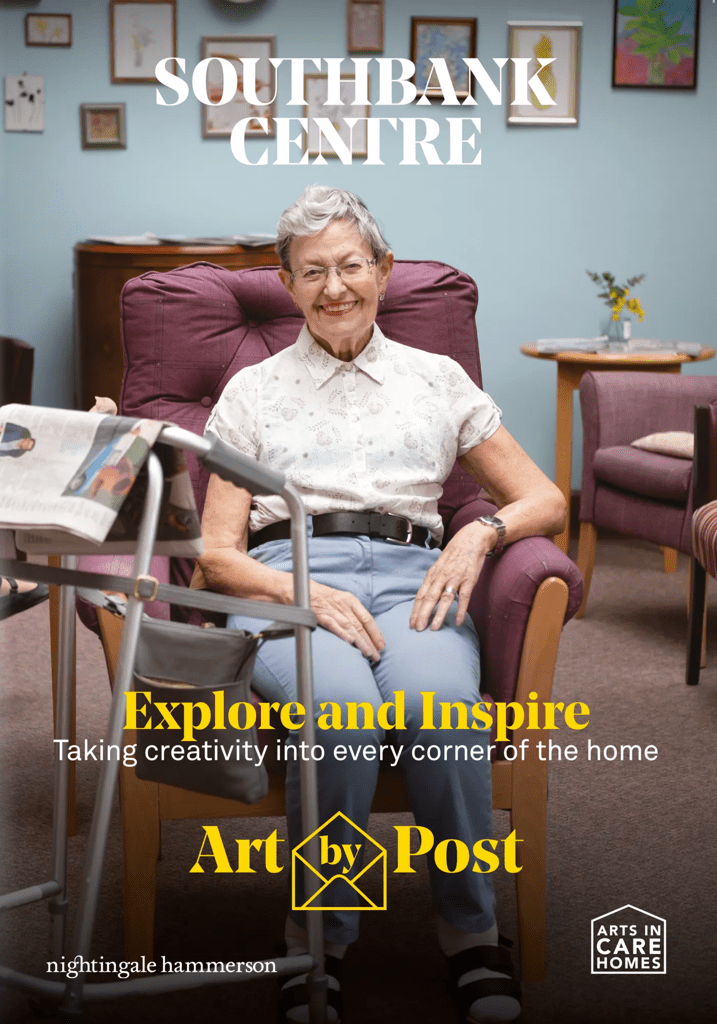 The cover of the Art by Post booklet titled Explore and Inspire. The cover features and elderly woman, smiling, seated in a care home