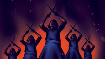 Five figures dressed in matching blue outfits stand in a symmetrical row against a fiery backdrop, each holding a large pair of scissors raised above their head.