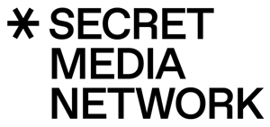 Black asterix with black text 'secret media network' logo
