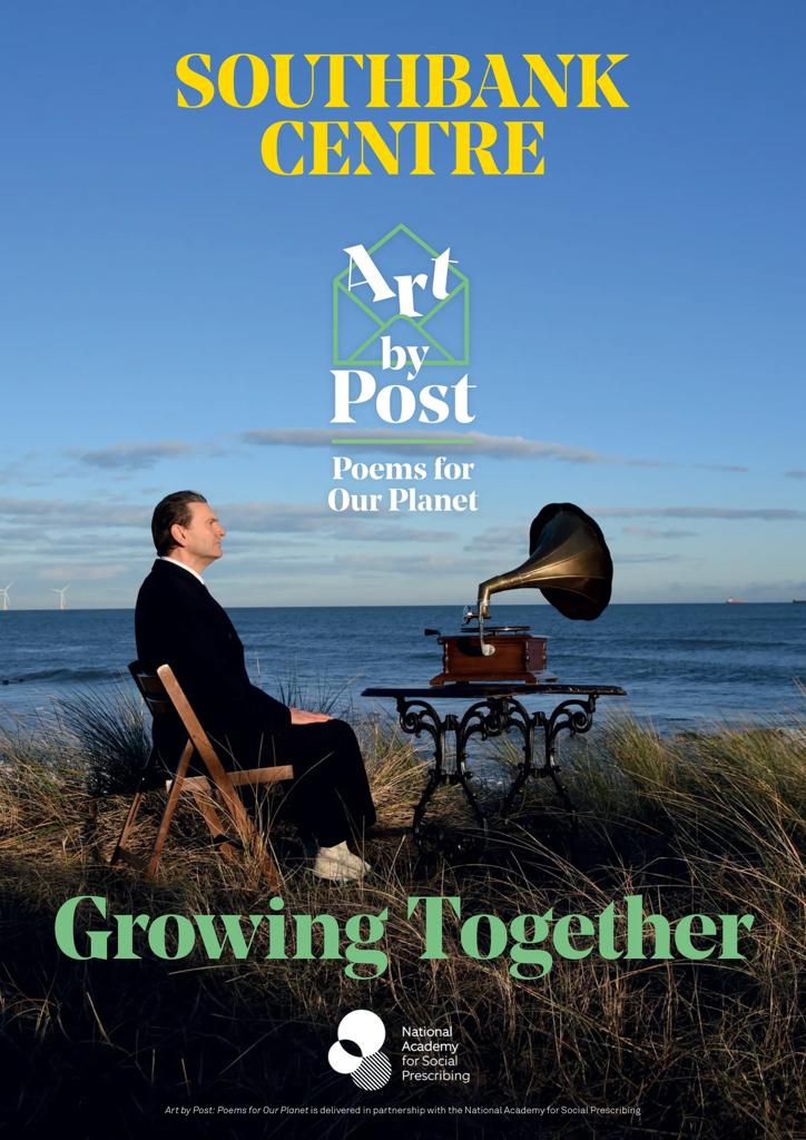 Front cover of the Art by Post booklet titled 'Growing Together' featuring a man seated on a wooden chair on a grassy dune by the sea, next to him a gramophone sits on an iron table