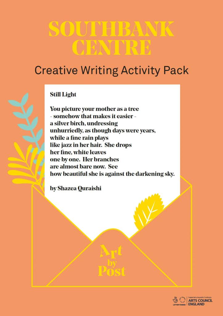 The cover of the first Art by Post booklet which is titled Creative Writing Activity Pack and features a poem emerging from an envelope