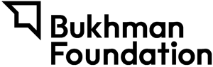 Bukhman Foundation logo with black text and an arrow symbol