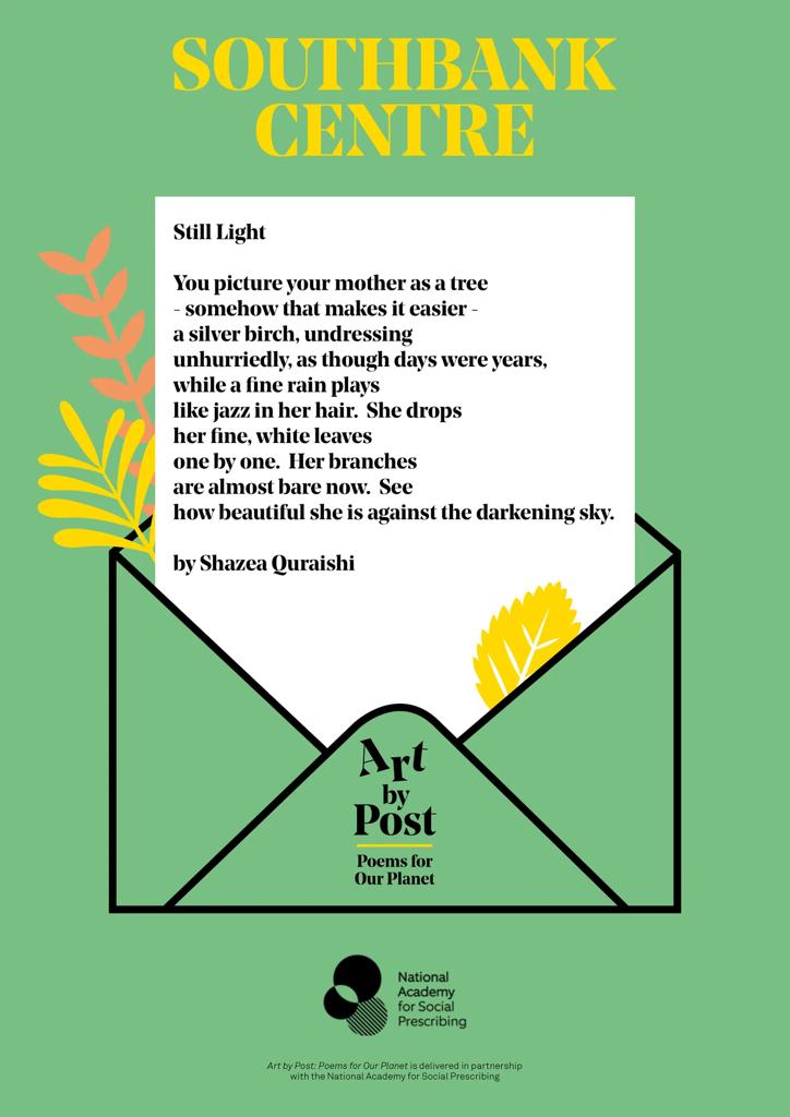 Front cover of the Art by Post booklet titled 'Still Light' featuring an illustration of a poem called Still Light emerging from an envelope